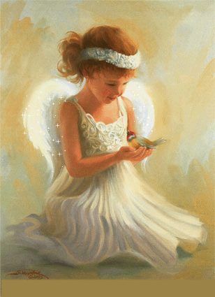 gif jeune fille ange avec paillettes et oiseau animé